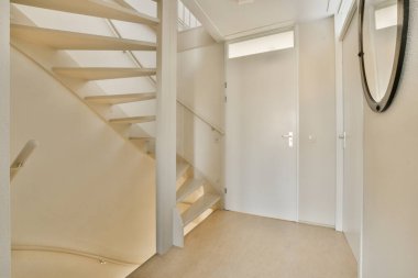 Merdivenleri olan beyaz bir oda ve üzerinde açık bir kapının önünde duran bir ayna.