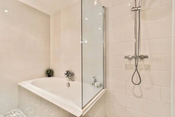 Bathroom Bathtub Shower Plant Corner Right Hand Side Tub — Stock Photo, Image
