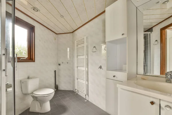Ein Badezimmer Mit Toilette Waschbecken Und Duschkabine Selben Raum Auf — Stockfoto