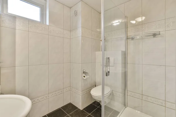 Ein Badezimmer Mit Toilette Und Duschkabine Vor Dem Spiegel Scheint — Stockfoto