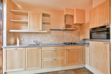 Mutfak, ahşap dolaplar ve beyaz aletler tezgahın üstünde fırının önünde, lavabo ve bulaşık makinesi.