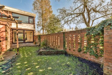 Bahçesinde tuğla duvarlar ve yeşil çimenler olan bir arka bahçe ağaçlarla çevrili. Duvarda büyüyen birkaç bitki var.