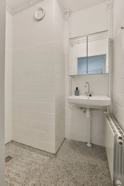 Banheiro Que Branco Tem Especificações Pretas Chão Com Uma Pia — Fotografia de Stock