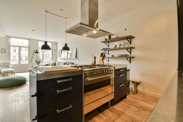 Modern Kitchen Black Cabinets Stainless Steel Range Hoods Wall Open — Stock Photo, Image