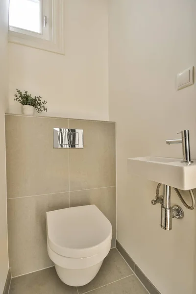 Mała Łazienka Toaletą Rośliną Rogu Obok Ściany Zamontowanej Kranu Prawej — Zdjęcie stockowe