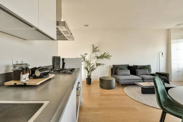 Una Cocina Sala Estar Apartamento Moderno Con Paredes Blancas Suelos — Foto de Stock