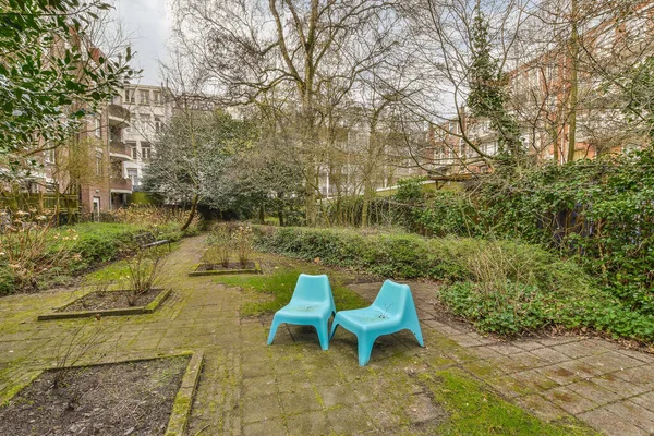 Duas Cadeiras Azuis Sentadas Meio Jardim Com Árvores Arbustos Cada — Fotografia de Stock