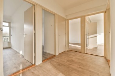 Beyaz duvarları ve sağında ahşap döşemeleri olan boş bir oda. Ortasında büyük bir ayna var.