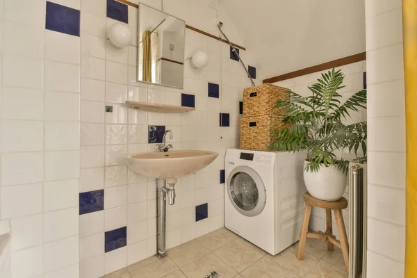 Tvättstuga Med Tvättmaskin Handfat Och Växter Hörnen Väggen Bredvid Toaletten — Stockfoto