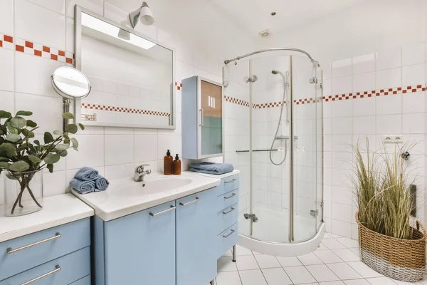 Modern Bathroom Blue Cabinets White Tiles Walls Plant Basket Next — Stock Photo, Image