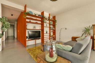 Oturma odası, kanepe, sehpa ve televizyonun önündeki duvarda kitaplıklar.