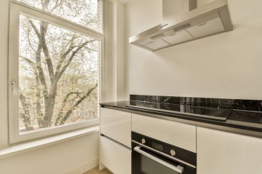 Penceresinde fırın ve soba olan bir mutfak. Sokakları çevreleyen ağaçlara bakıyor.