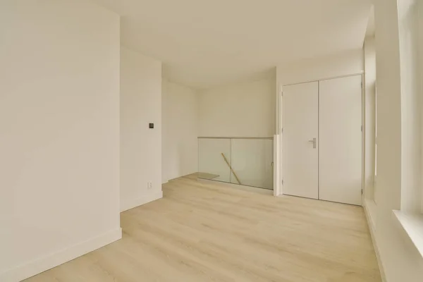 Empty Room White Walls Wood Flooring Right Mirror Corner — 图库照片