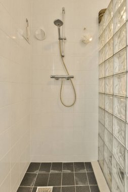 Duvarda cam bloklar olan bir duş ve beyaz fayanslı banyo alanında döşeme, açık duş başlığıyla tamamlanmış.