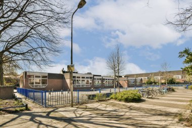 Güneşli bir günde, arka planda ağaçlar ve binalar olan bir kaykay parkı, sokağın karşısından görüldüğü gibi.