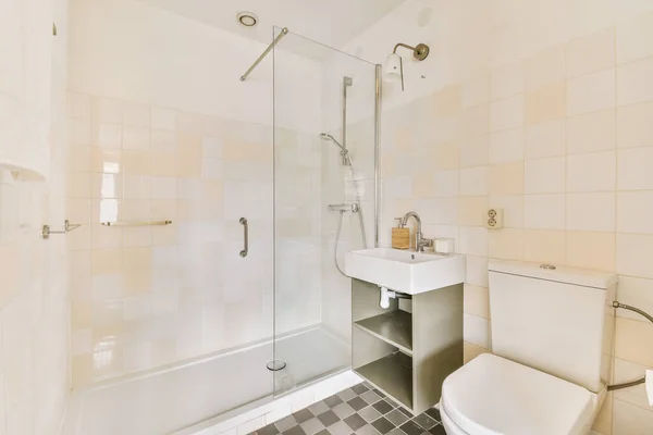 Banheiro Com Banheiro Pia Chuveiro Canto Lado Dele Piso Azulejo — Fotografia de Stock