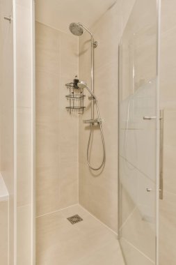 Duş kabini olan bir banyo ve duşun köşesinde duş başlığı dinlendiricisi.