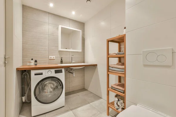 Small Laundry Room Washer Dryer Corner Next Toilet Floor — Stock Photo, Image