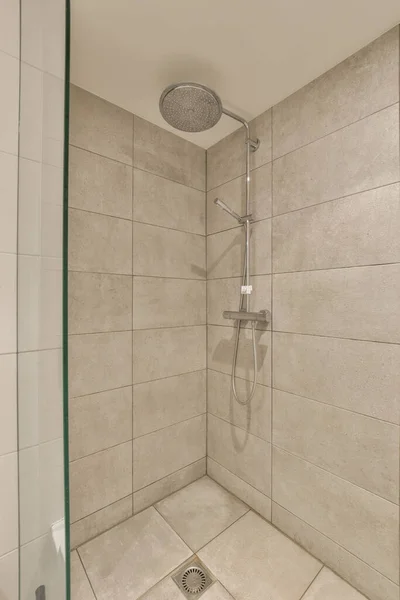 Tiled Shower Stall Green Trim Edge White Tiles Walls Bathroom — Stock Photo, Image