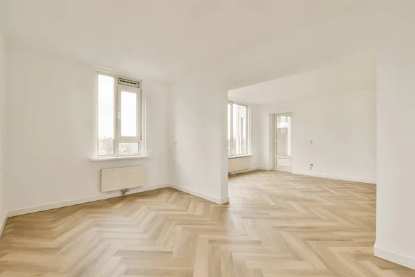 Empty Room Wood Floors White Walls Large Window Wall Right —  Fotos de Stock