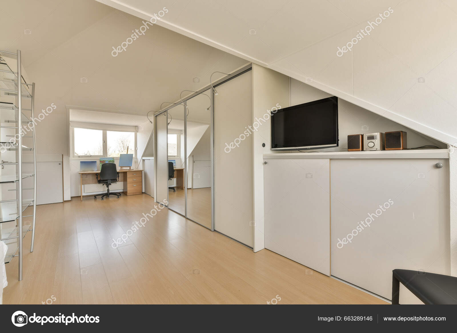 Living Room Wood Floors White Walls Office Desk Corner Visible — Stock