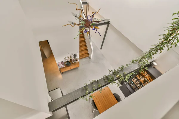 Salon Avec Des Plantes Sur Mur Escalier Ouvert Menant Deuxième — Photo