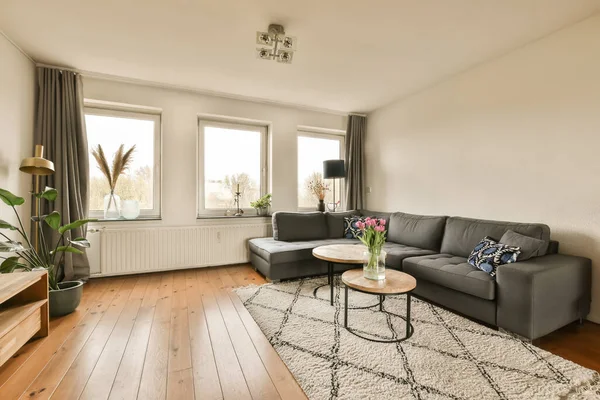 Ett Vardagsrum Med Soffa Och Soffbord Framför Fönstret Med Utsikt — Stockfoto