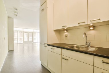 Bu odadaki tezgahların üzerinde beyaz dolaplar ve siyah tezgahlar olan bir mutfak alanı çok temiz, ama öyle değil.