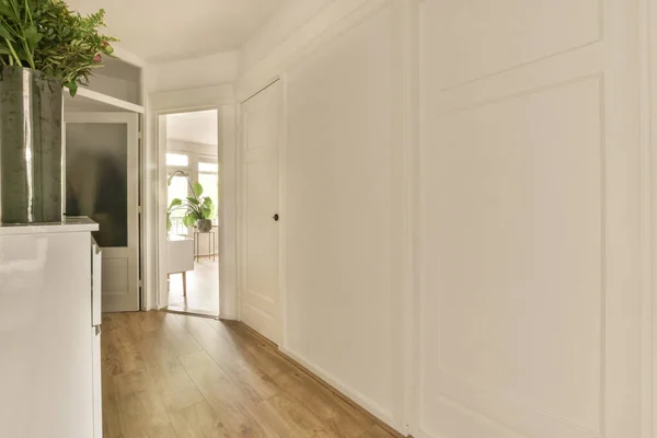 Ruangan Dengan Dinding Putih Dan Lantai Kayu Dinding Ada Tanaman — Stok Foto
