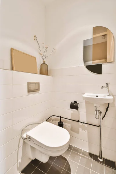 隣の壁にトイレとシンクと鏡があるバスルームは花瓶の花です — ストック写真