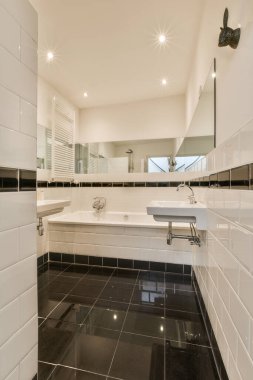 Duş alanında siyah beyaz döşemeleri olan modern bir banyo. Duvarda büyük bir ayna var.