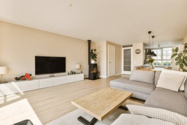 Kanepenin önündeki duvarda kanepe ve televizyon olan bir oturma odası ahşap zemindir.