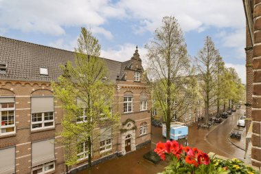 an outside area with flowers and buildings in the fore - image was taken from my hotel room at amsterdam, netherlands