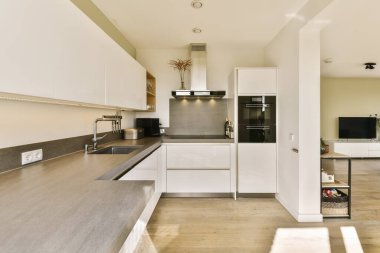 Lavabonun önündeki adada beyaz dolapları ve siyah tezgahları olan bir mutfak oturma odasına açıktır.