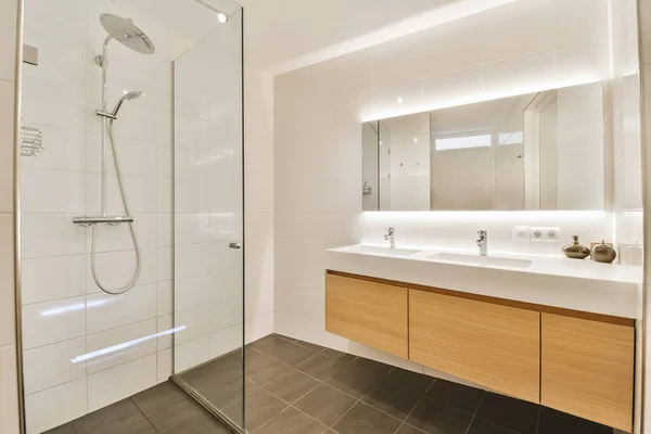 Modern Bathroom Wood Cabinets White Tiles Walls Walk Shower Stall — Stock Photo, Image