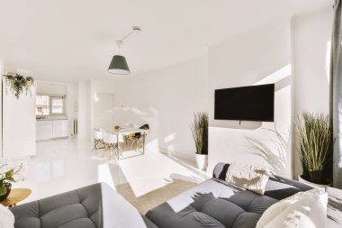 Duvara monte edilmiş düz ekran bir televizyonun önünde beyaz duvarları ve gri koltukları olan bir oturma odası.