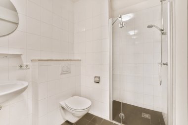 Tuvaleti ve duş kabini olan bir banyo hemen yanında lavabo, ayna ve havlu asacağı var.