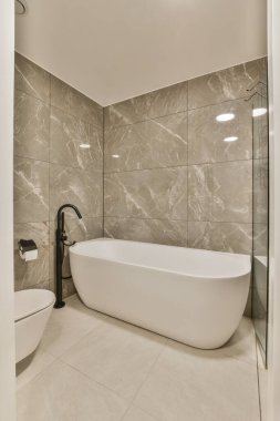 Küveti ve tuvaleti olan bir banyo küvetin yanında, yerde duruyor.