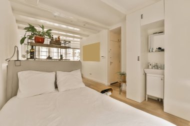 Yatak odası, yatak odası, ayna ve bitki diğer odanın sağ köşesindeki pencereye.