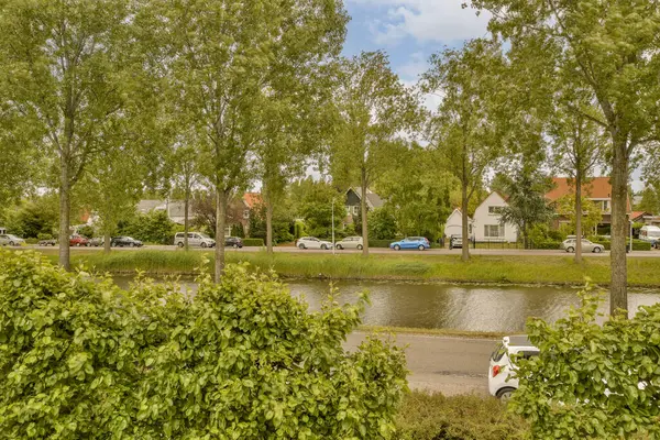 小镇中央的一些树木和水 汽车停放在河的两边 — 图库照片