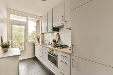 Lavabonun önündeki tezgahlarda beyaz dolapları ve ahşap tezgahları olan bir mutfak pencereden görülüyor.