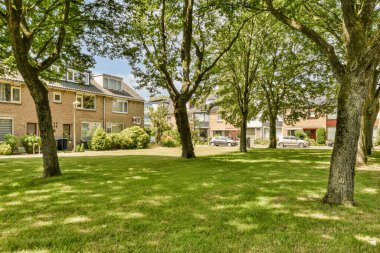 Güneşli bir günde, bir tuğla evin önündeki ağaçlar ve çimenler. Mavi gökyüzü, yaprakların arasından parlayan güneş.