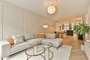 Oturma odası, kanepeler, sehpa ve odanın ortasında büyük bir bitki.