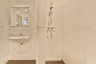 Duş kabininin yanındaki duvarda lavabo ve ayna olan bir banyo temiz beyazdır.