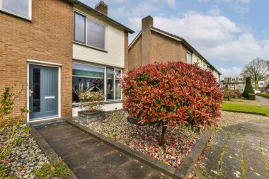 Zeminde kırmızı yapraklar, arka planda mavi gökyüzü olan bir evin dış görünüşü - stok fotoğrafı