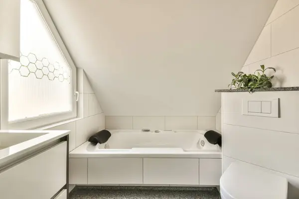 a white bathroom with black and white tile flooring on the walls, along with a bathtub in the corner