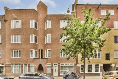 Yolun kenarında arabaların park ettiği bir apartman ve yol kenarında büyüyen bir ağaç.