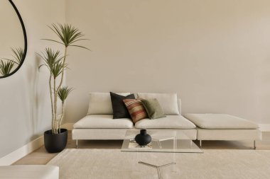 a living room with a couch, coffee table and two planters on the floor in front of the sofa