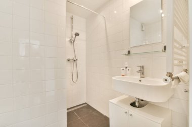 Gösterişli, çağdaş bir banyo aynalı bir dolap, duş ünitesi ve şık bir lavabo. Tasarım temizliği ve işlevselliği minimum dağınıklıkla vurguluyor.