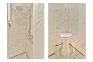 Modern bir banyoda parlak bir duş mermer fayanslar ve minimalist bir tuvalet sergilenir. Temiz çizgiler ve zarif tasarım çağdaş estetiği vurgular..